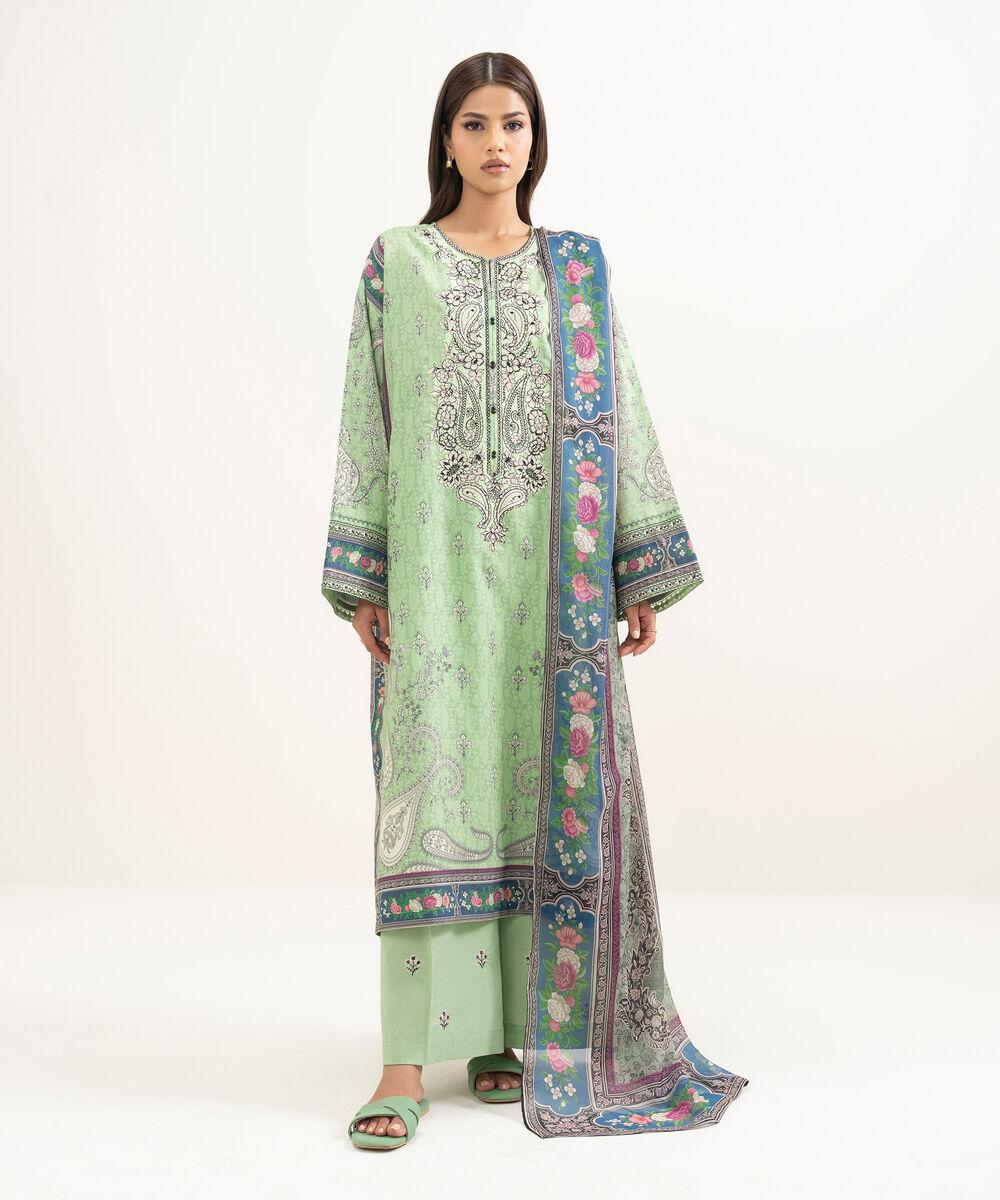Women's RTW Zari Cotton Embroidered Green Drop Shoulder Shirt