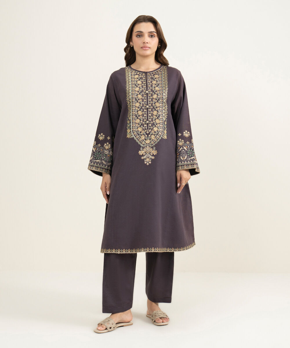 Women's Two Piece Brownish Plum Woolen Embroidered Suit