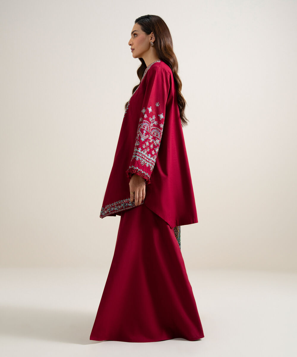 Women's Unstitched Textured Lawn Embroidered Deep Red 3 Piece Suit