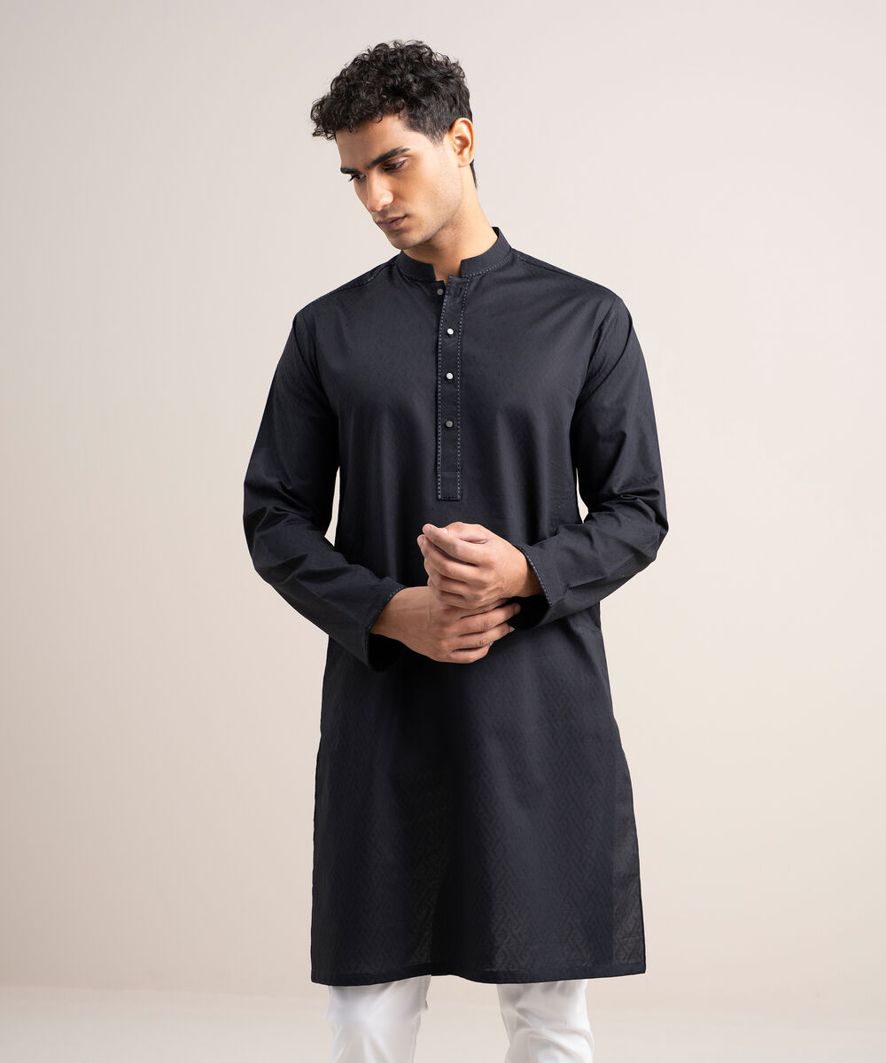 Men's Stitched Cotton Jacquard Black Kurta