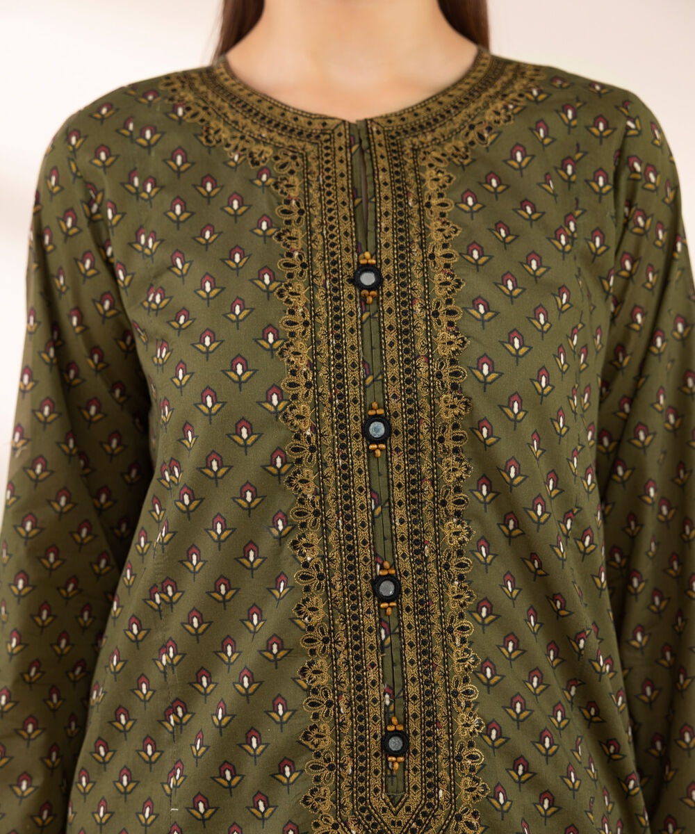 Women's RTW Lawn Green Embroidered A-Line Shirt