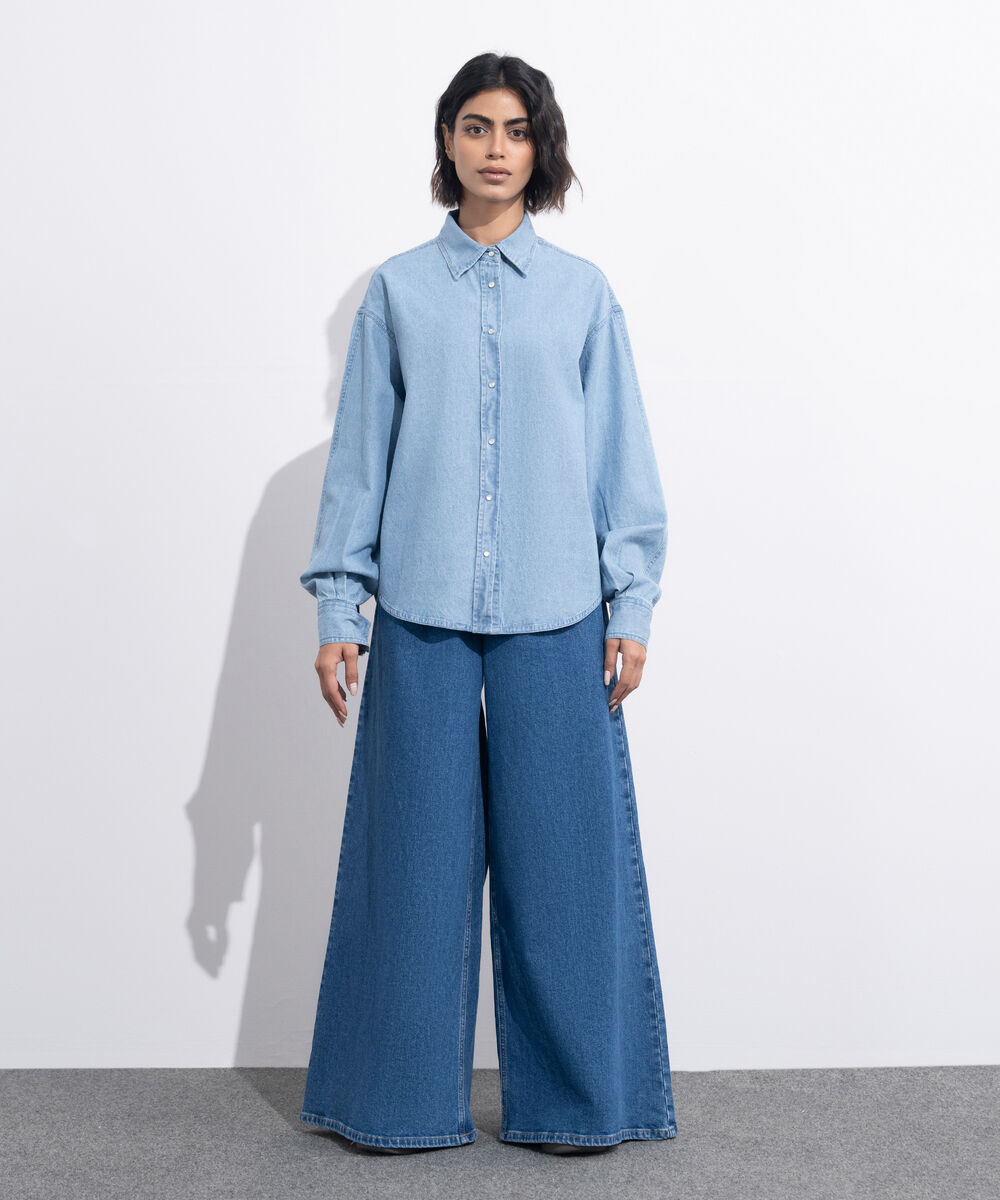 Women's Western Wear Blue Button Through Denim Shirt