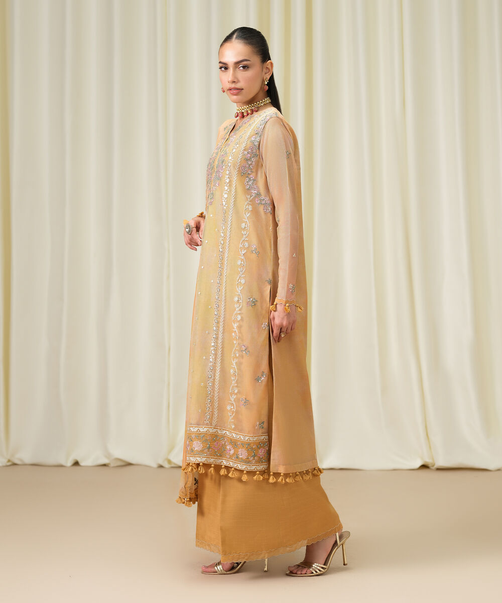 Women's Unstitched Blended Net Embroidered Yellow 3 Piece Suit