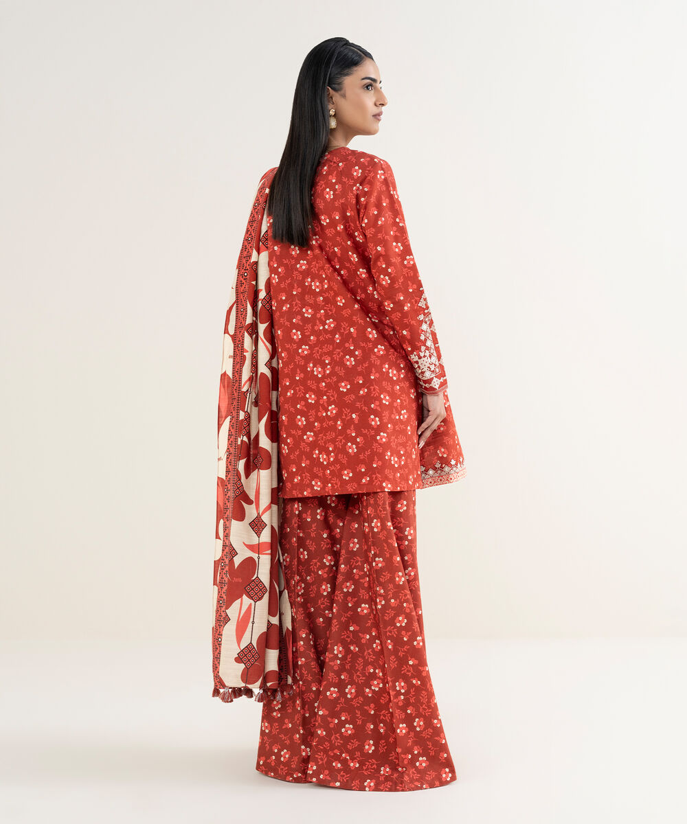 Women's Unstitched Embroidered Khaddar Red 3 Piece Suit