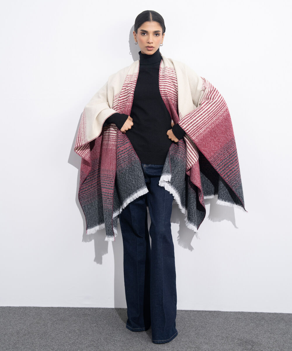 Women's Western Wear Maroon & Off White Striped Cape Shawl