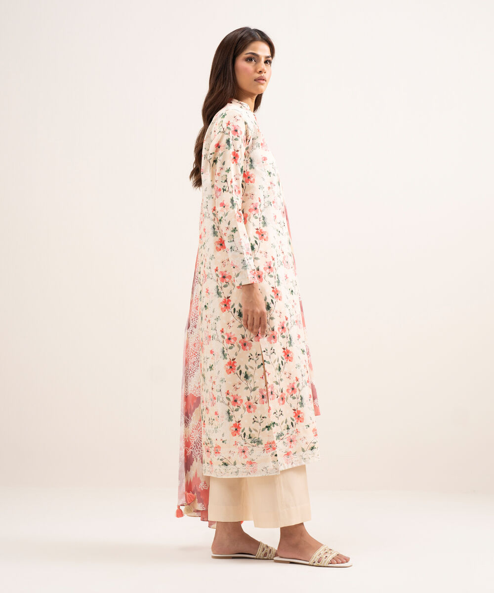 Women's Unstitched Lawn Printed Pink 3 Piece Suit