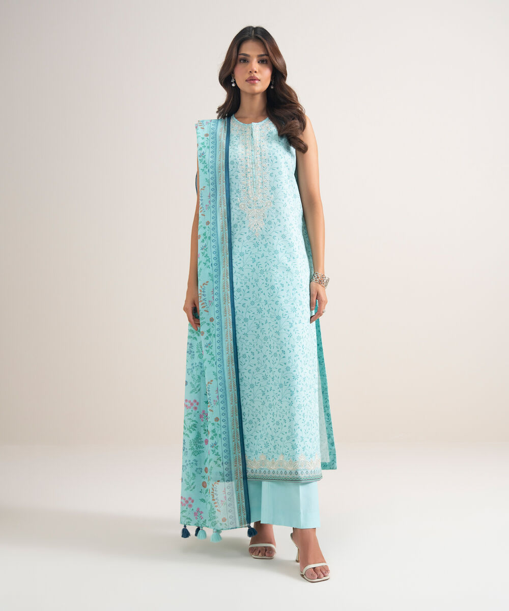 Women's Unstitched Lawn Embroidered Blue