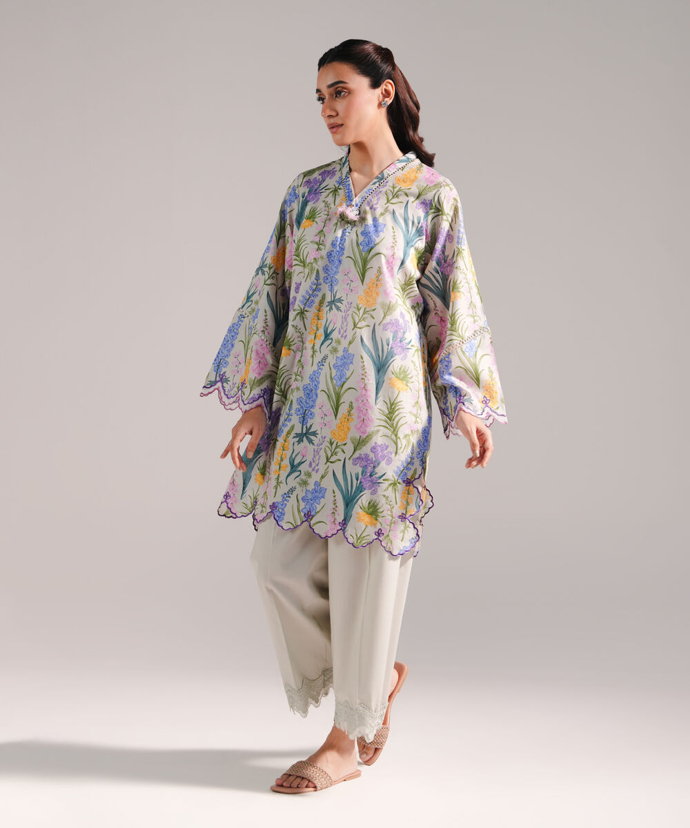 Women's RTW Slub Lawn Embroidered Grey 2 Piece Suit