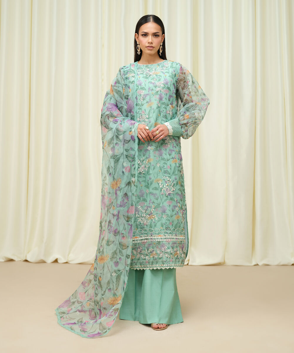 Women's Unstitched Blended Organza Embroidered Blue 3 Piece Suit