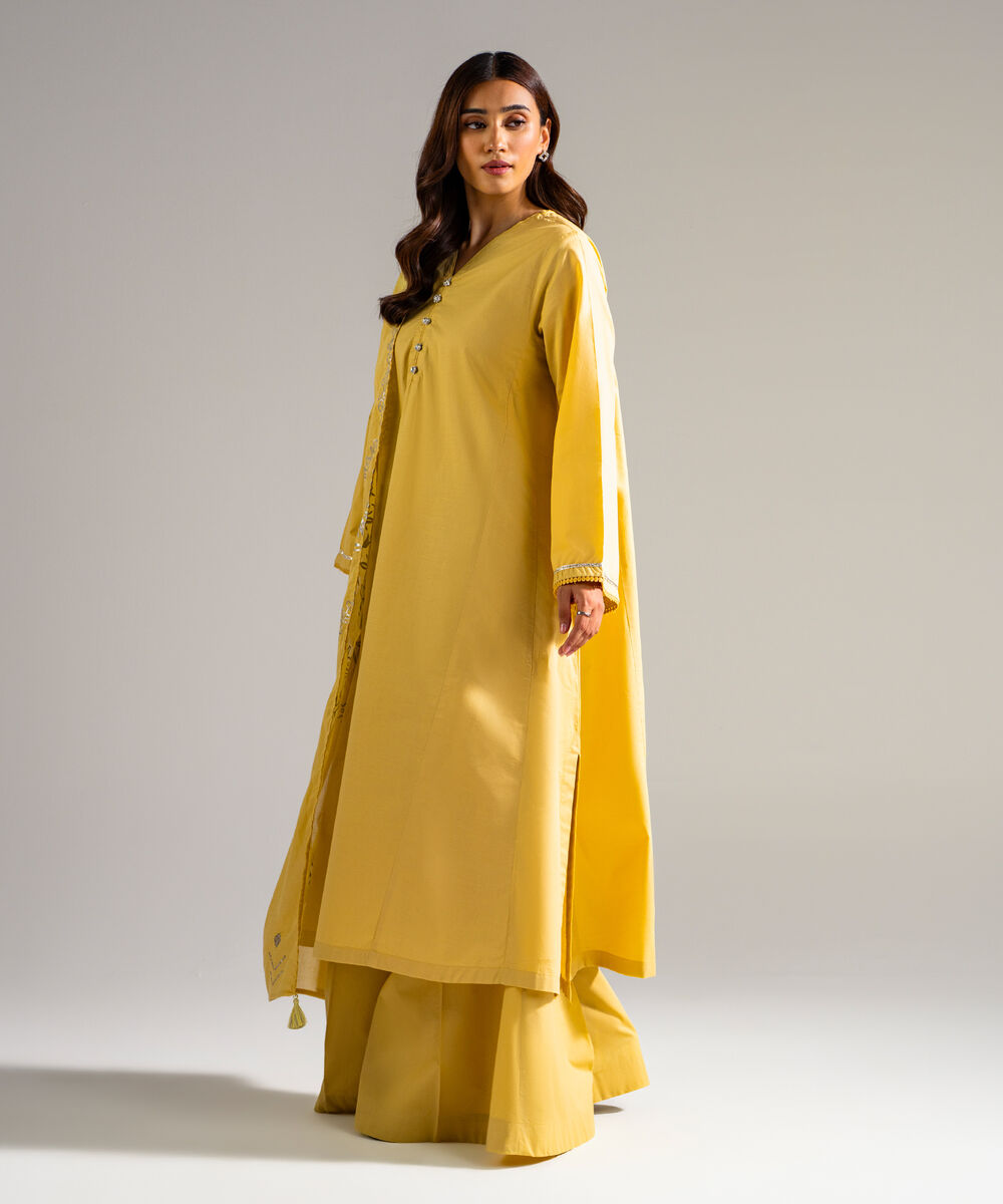 Women's RTW Slub Lawn Solid Yellow 3 Piece Suit