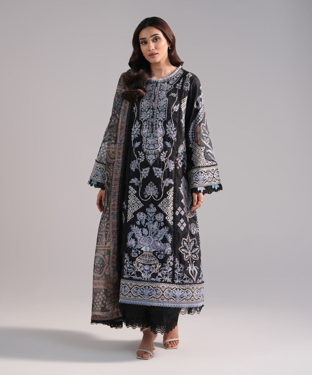 Women's RTW Self Jacquard Embroidered Black 3 Piece Suit