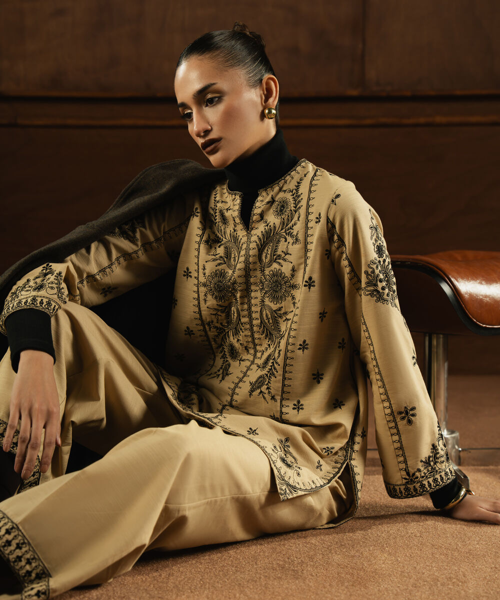 Women's RTW Khaddar Embroidered Beige Straight Shirt