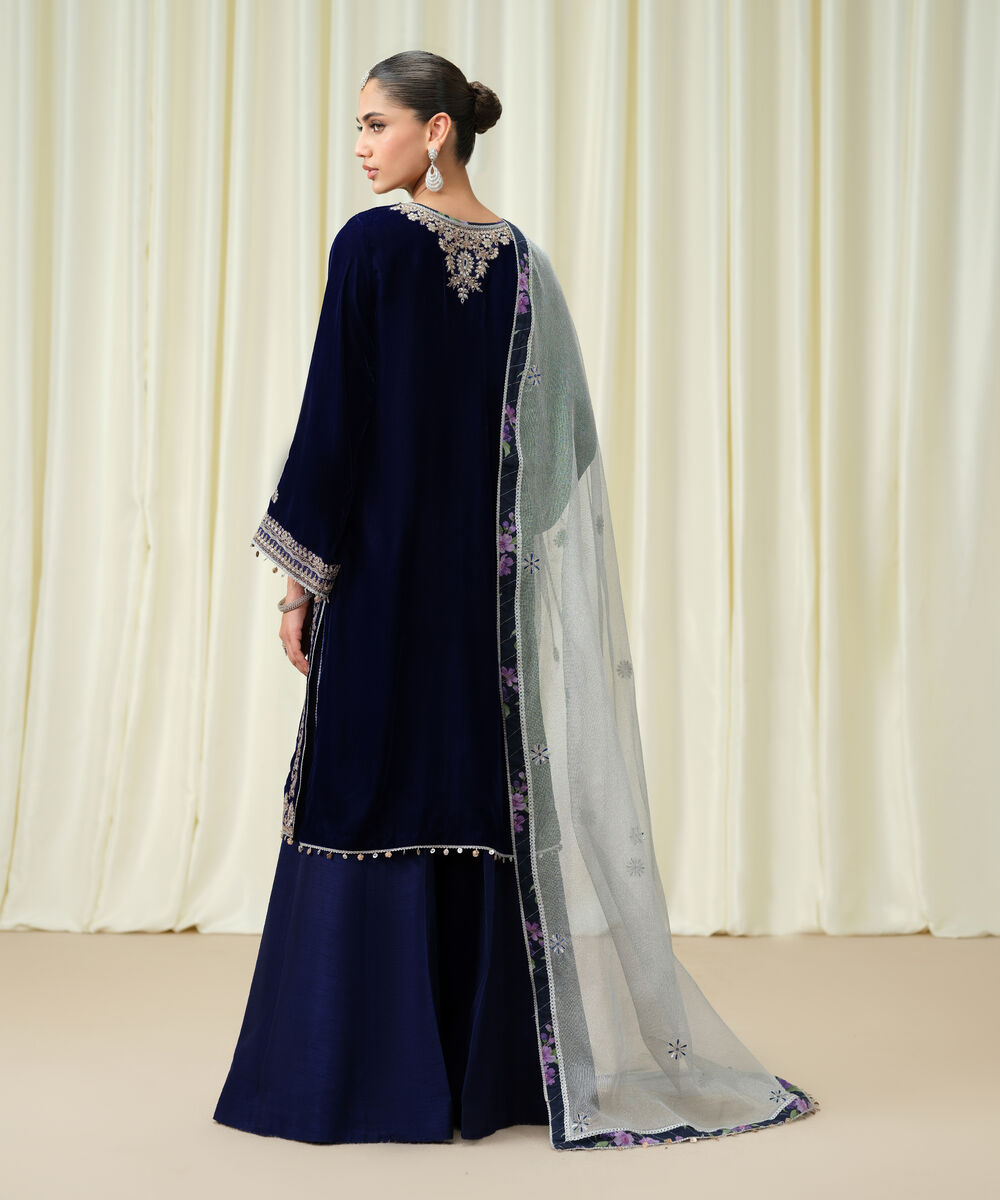 Women's Unstitched Velvet Embroidered Blue 3 Piece Suit