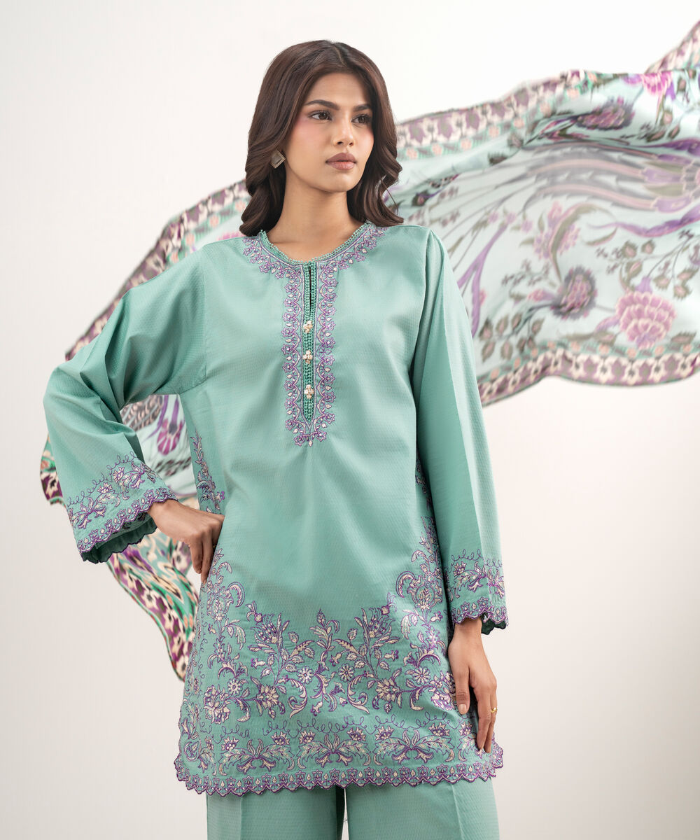 Women's RTW Dobby Embroidered Seafoam Blue 3 Piece Suit