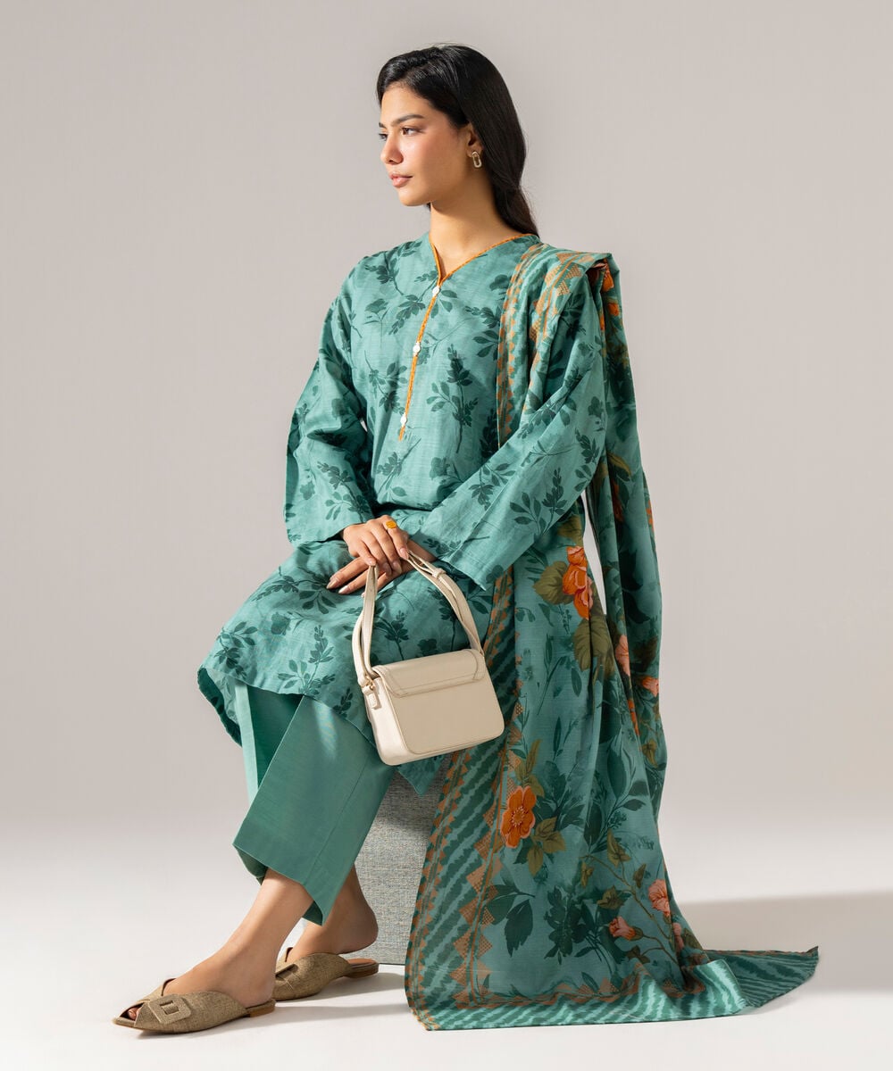 Women's RTW Khaddar Printed Teal 3 Piece Suit