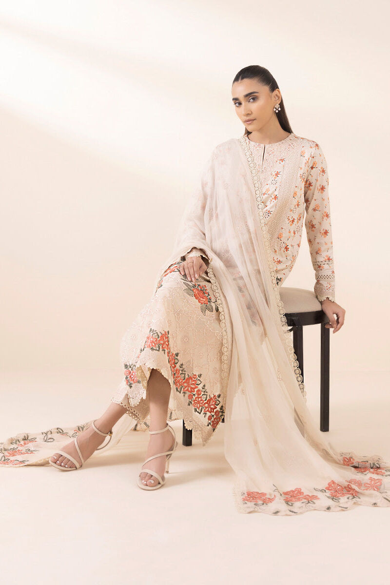 3 Piece - Embroidered Cotton Satin Suit