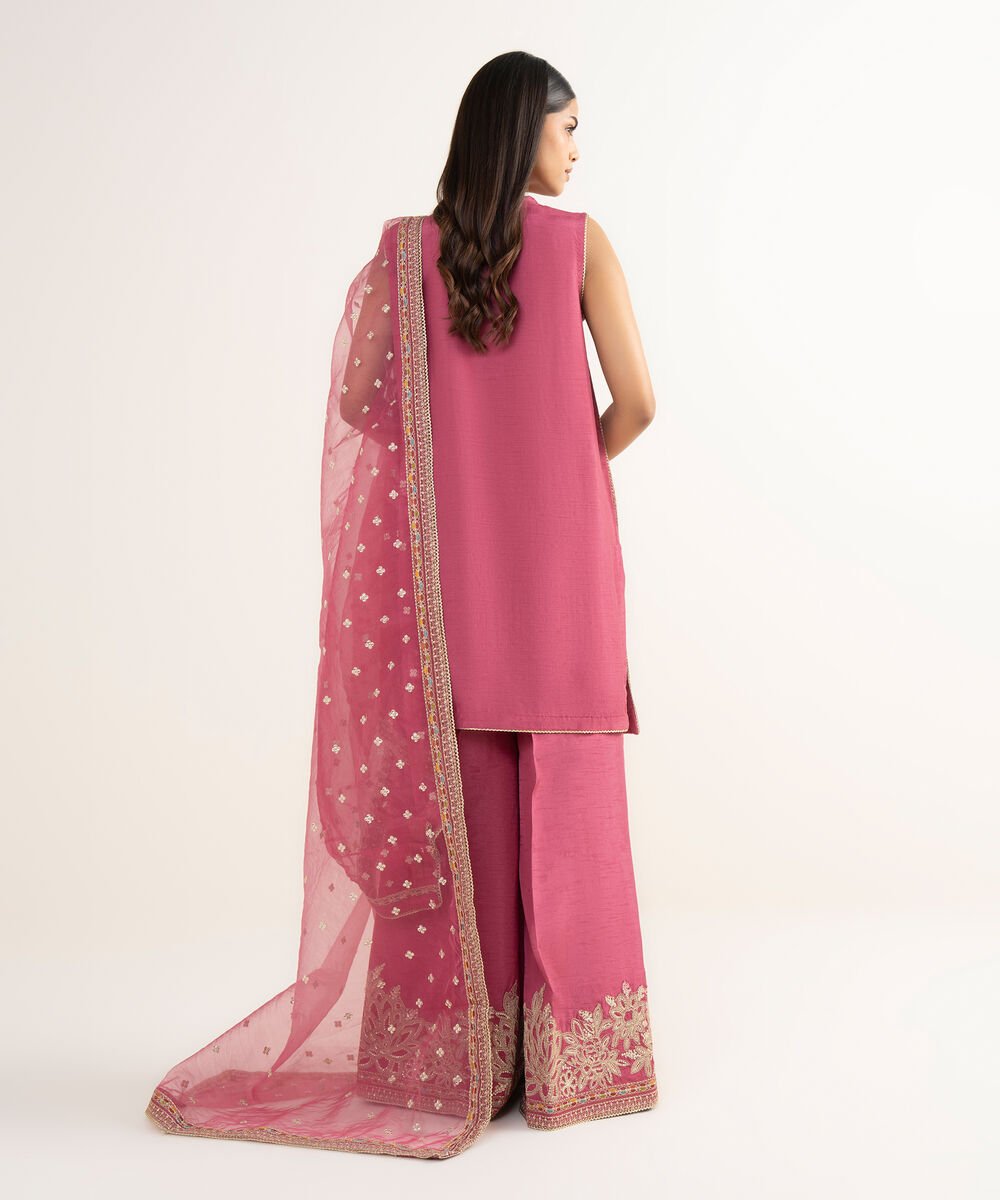 Women's RTW Raw Silk Pink Embroidered 3 Piece Suit