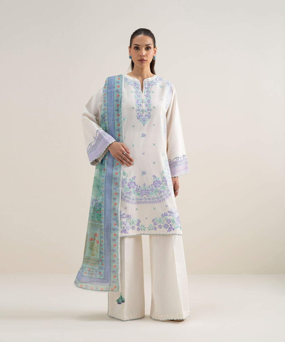 Women's Unstitched Dobby Embroidered Off White 3 Piece Suit