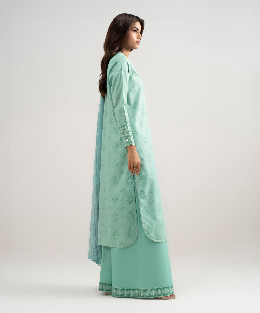 Women's Unstitched Zari Lawn Printed Green 3 Piece Suit