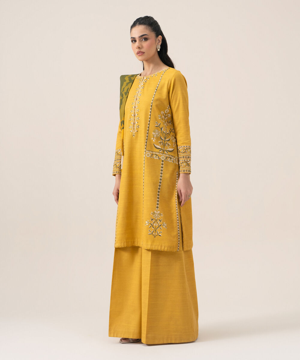 Women's Unstitched Premium Khaddar Embroidered Yellow 3 Piece Suit