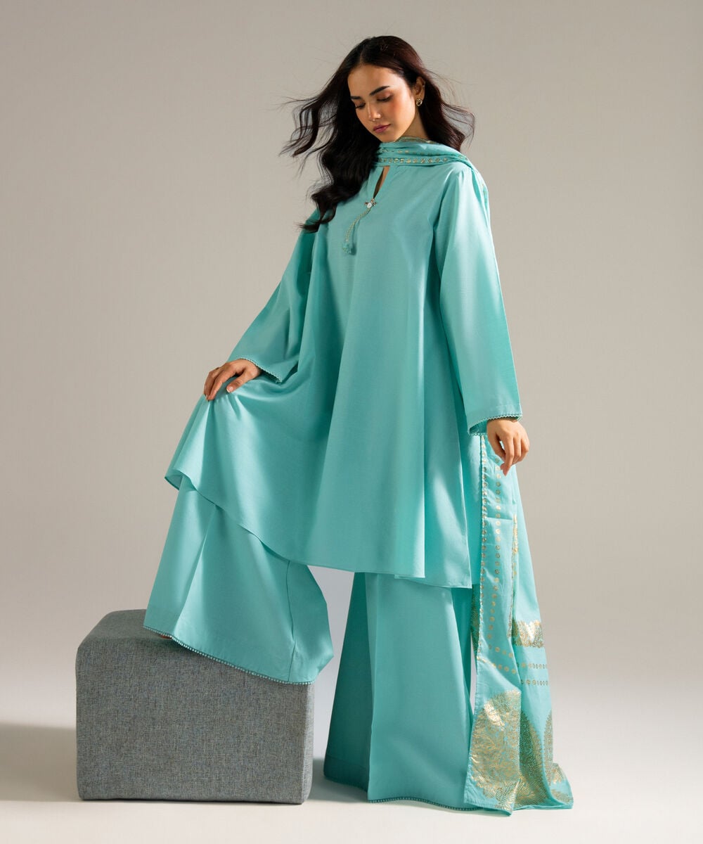Women's RTW Slub Lawn Solid Blue 3 Piece Suit