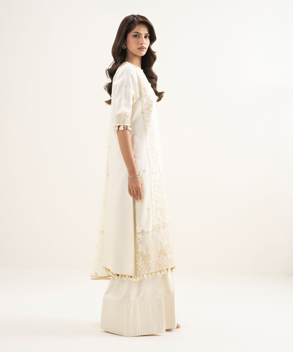 Women's Unstitched Raw Silk Embroidered Off White  3 Piece Suit