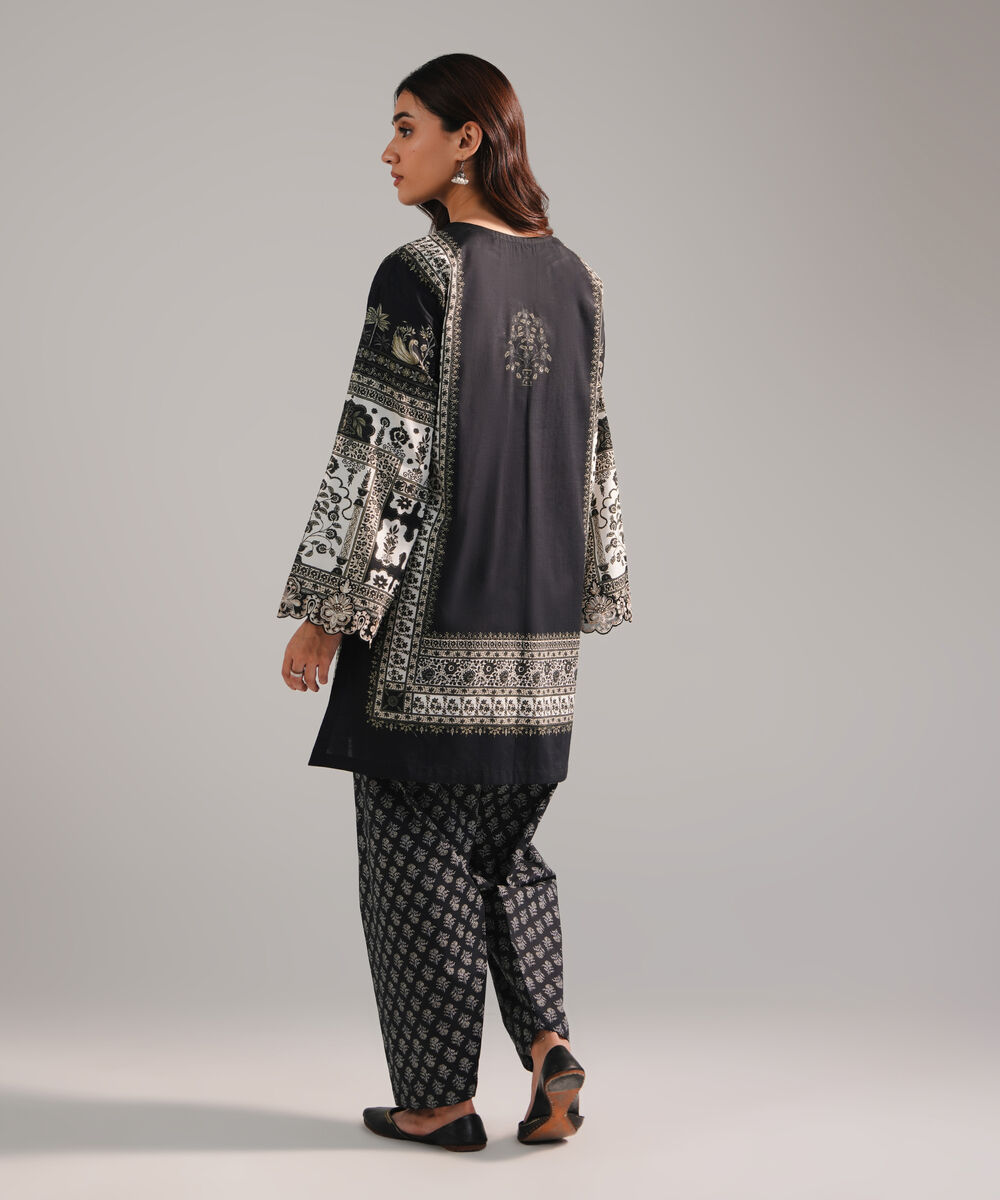 Women's RTW Cambric Embroidered Black Drop Shoulder Shirt