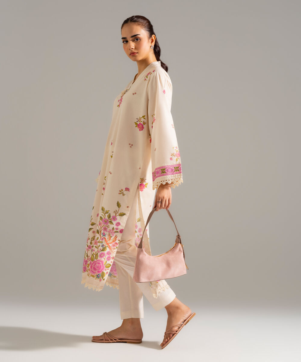 Women's RTW Zari Lawn Embroidered Off White A-Line Shirt