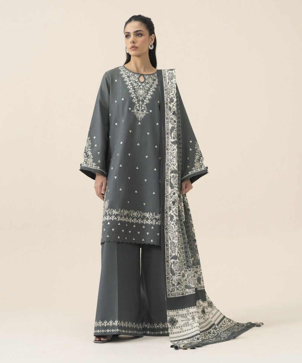 Women's Unstitched Basic Khaddar Embroidered Grey 3 Piece Suit
