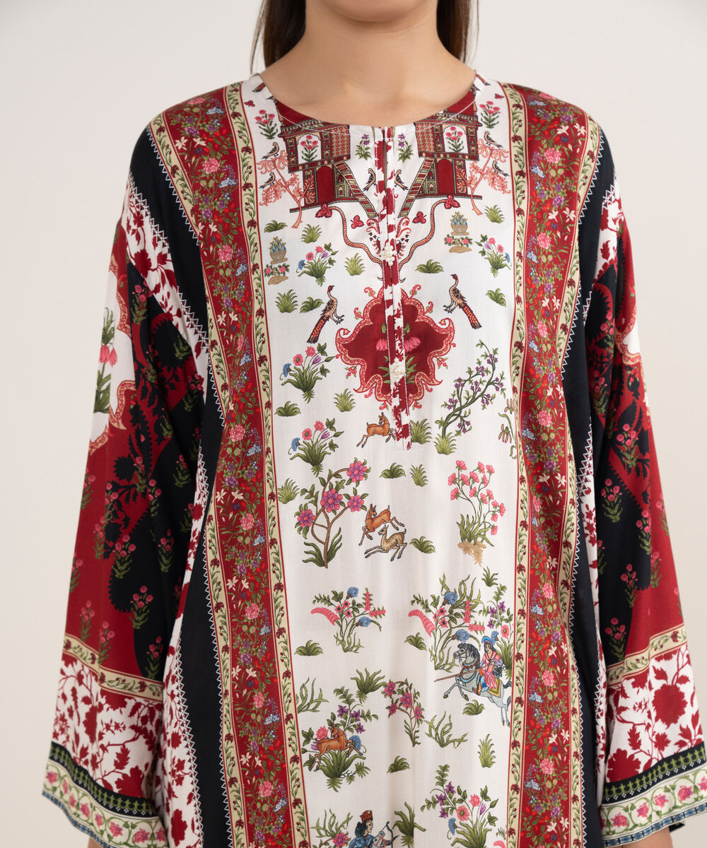 Women's RTW Arabic Lawn Maroon Printed Drop Shoulder Shirt