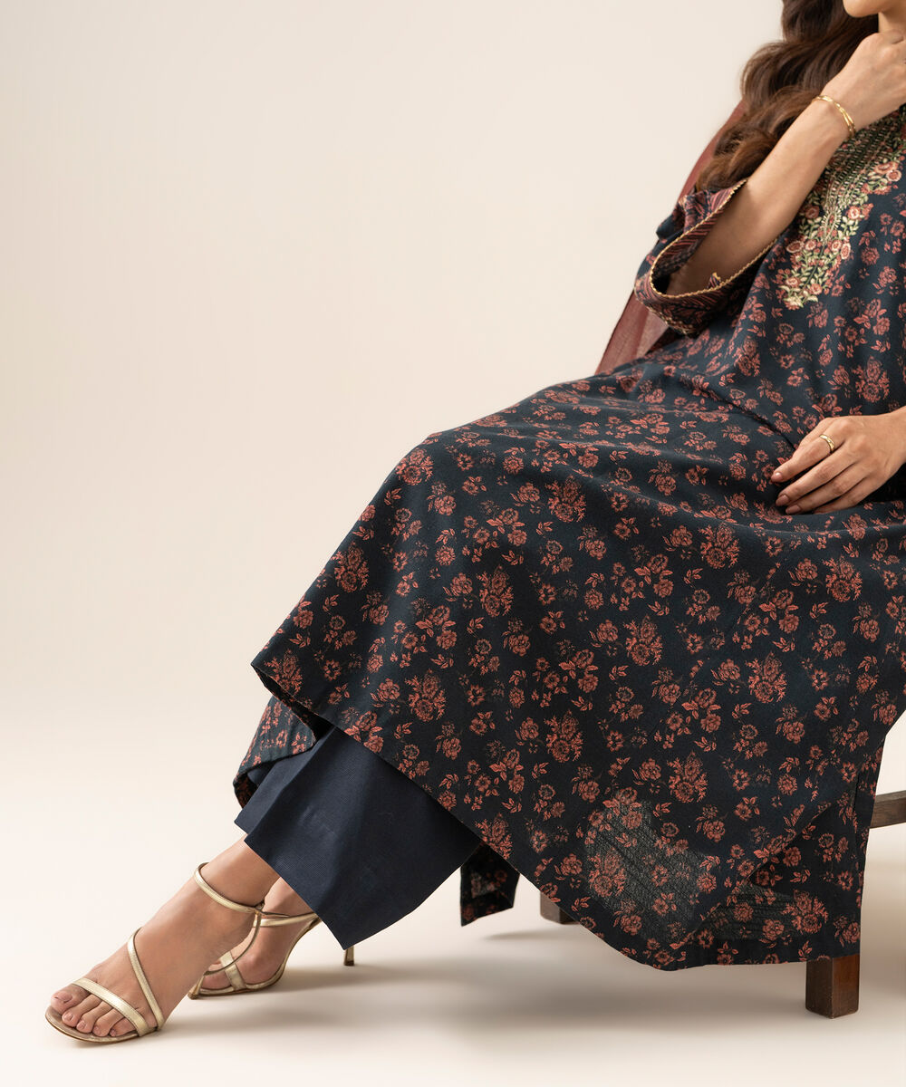Women's Unstitched Light Khaddar Embroidered Blue 3 Piece Suit