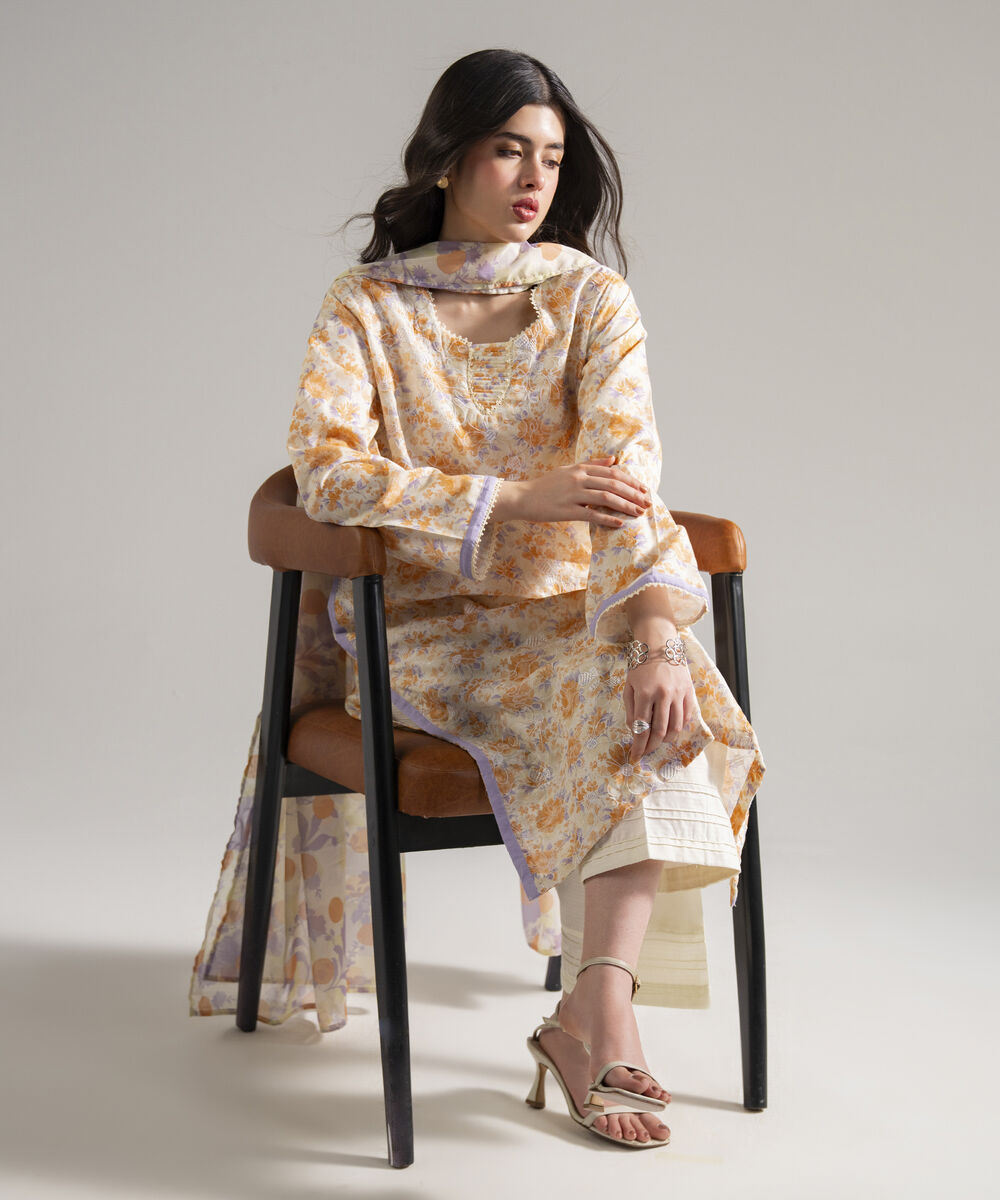 Women's RTW Dobby Embroidered Cream White 3 Piece Suit