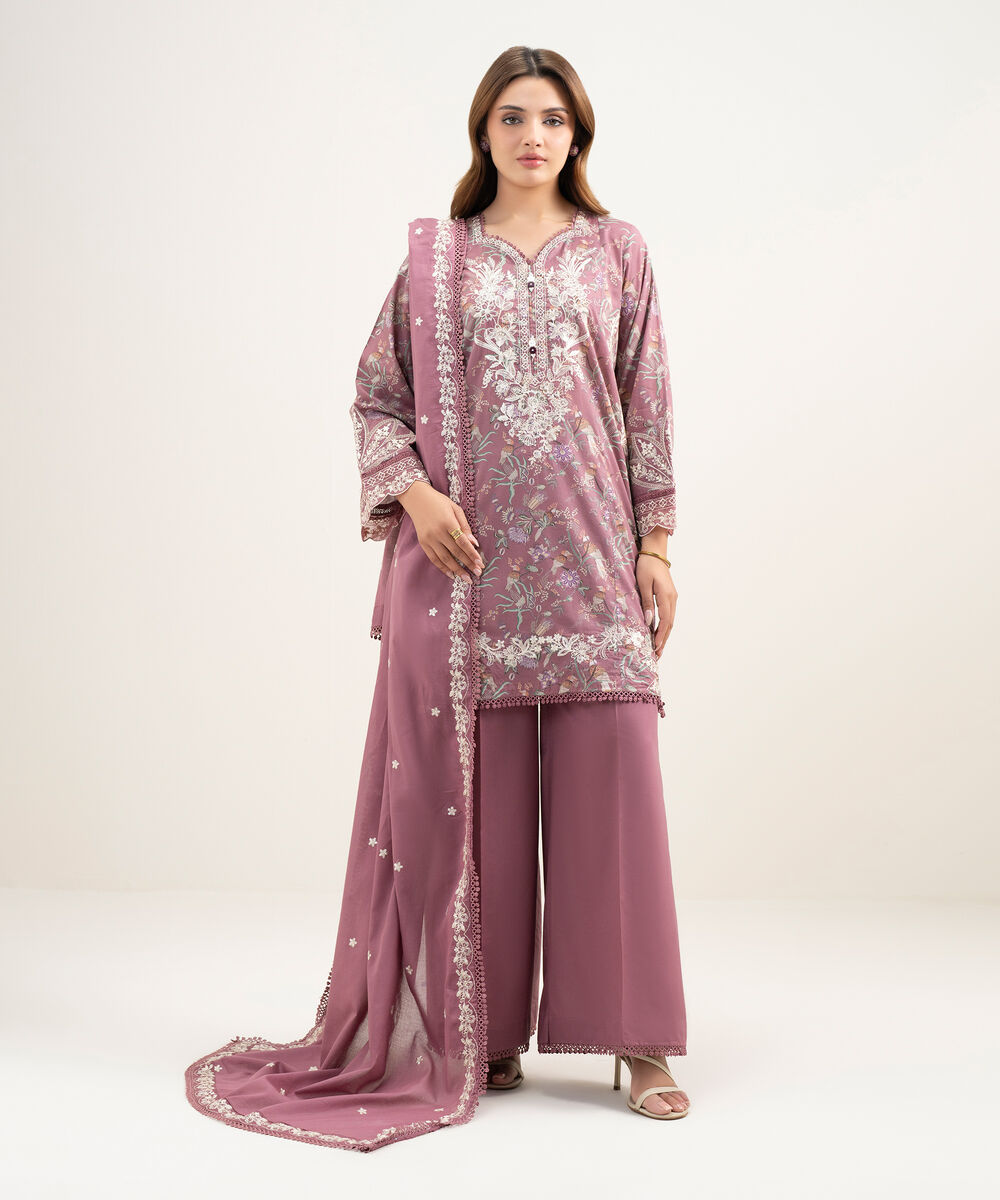Women's RTW Lawn Embroidered Mauve Straight Shirt