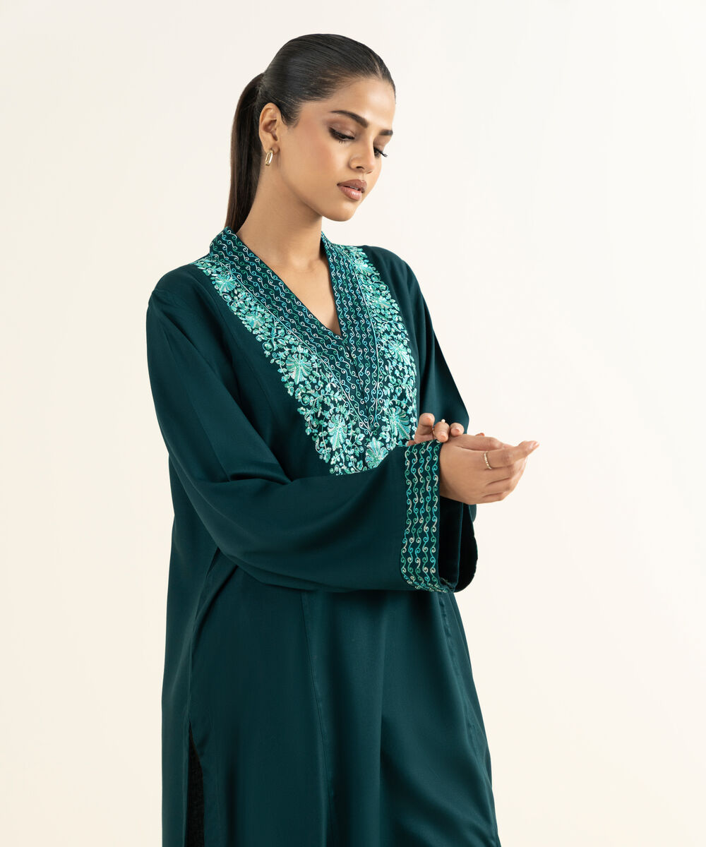 Women's RTW Bedford  Embroidered Green A-Line Shirt