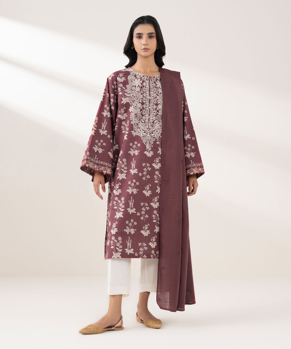 Women's RTW Cotton Embroidered Maroon 2 Piece Suit