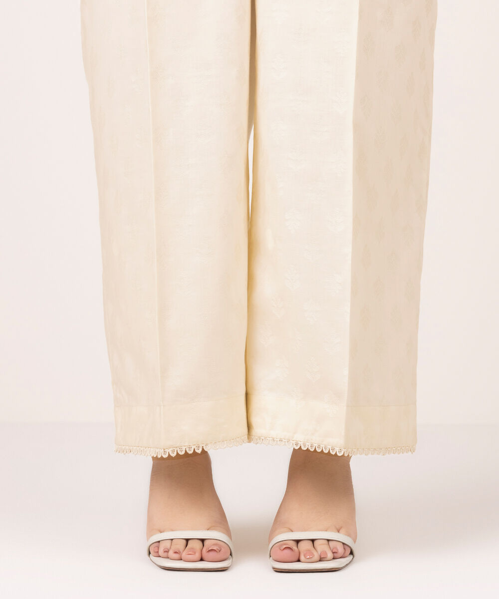 Women's RTW Self Jacquard Solid Off White Culottes