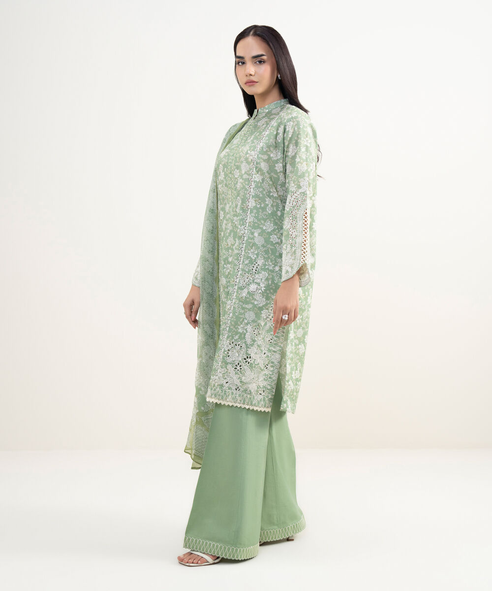 Women's Unstitched Lawn Embroidered Green 3 Piece Suit