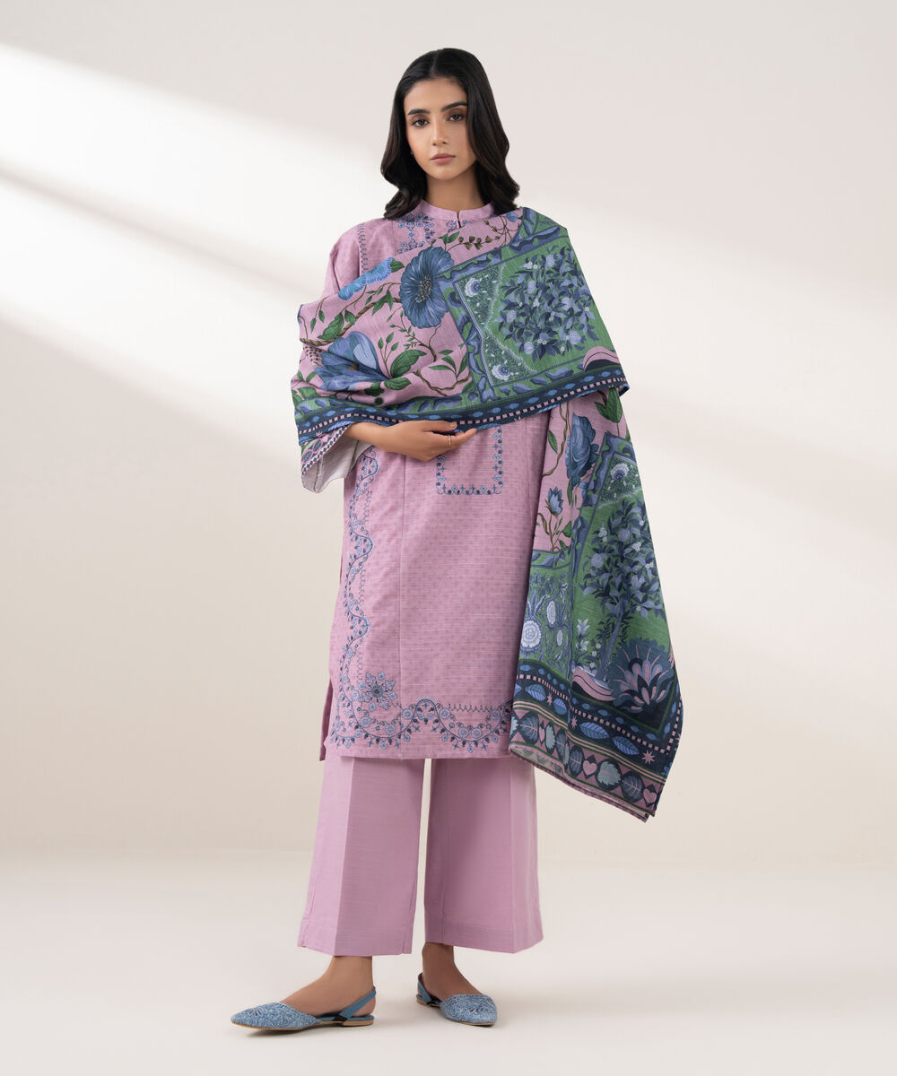 Women's RTW Khaddar Embroidered Pink 3 Piece Suit