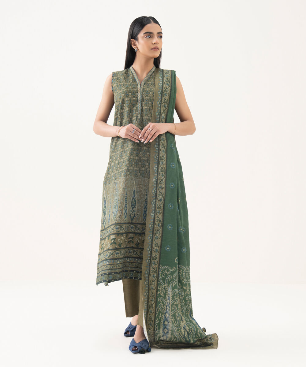 Women's Unstitched Light Khaddar Printed Green 3 Piece Suit