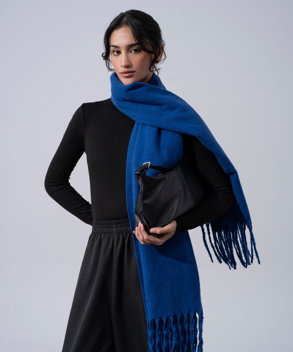 Women's Western Wear Blue Polyester Solid Woolen Scarf