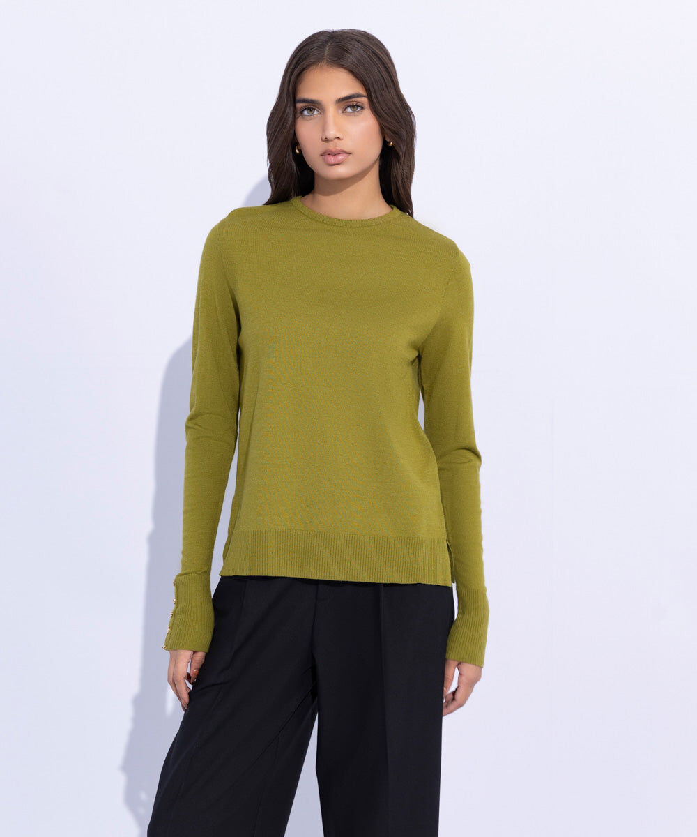 Woman - Green Lightweight Sweater with Gold Buttons