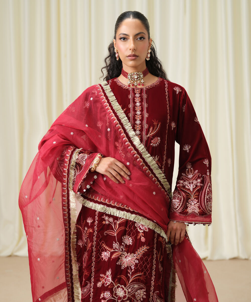 Women's Unstitched Embroidered Velvet Maroon 3 Piece Suit