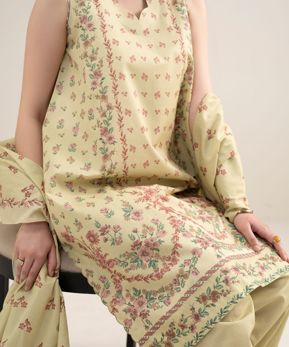 Women's Unstitched Zari Lawn Printed Yellow 3 Piece Suit