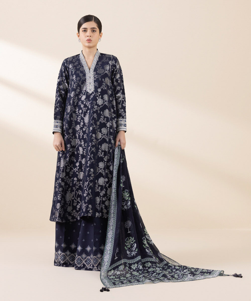 Unstitched Women's Embroidered Extra Weft Jacquard Blue Three Piece Suit