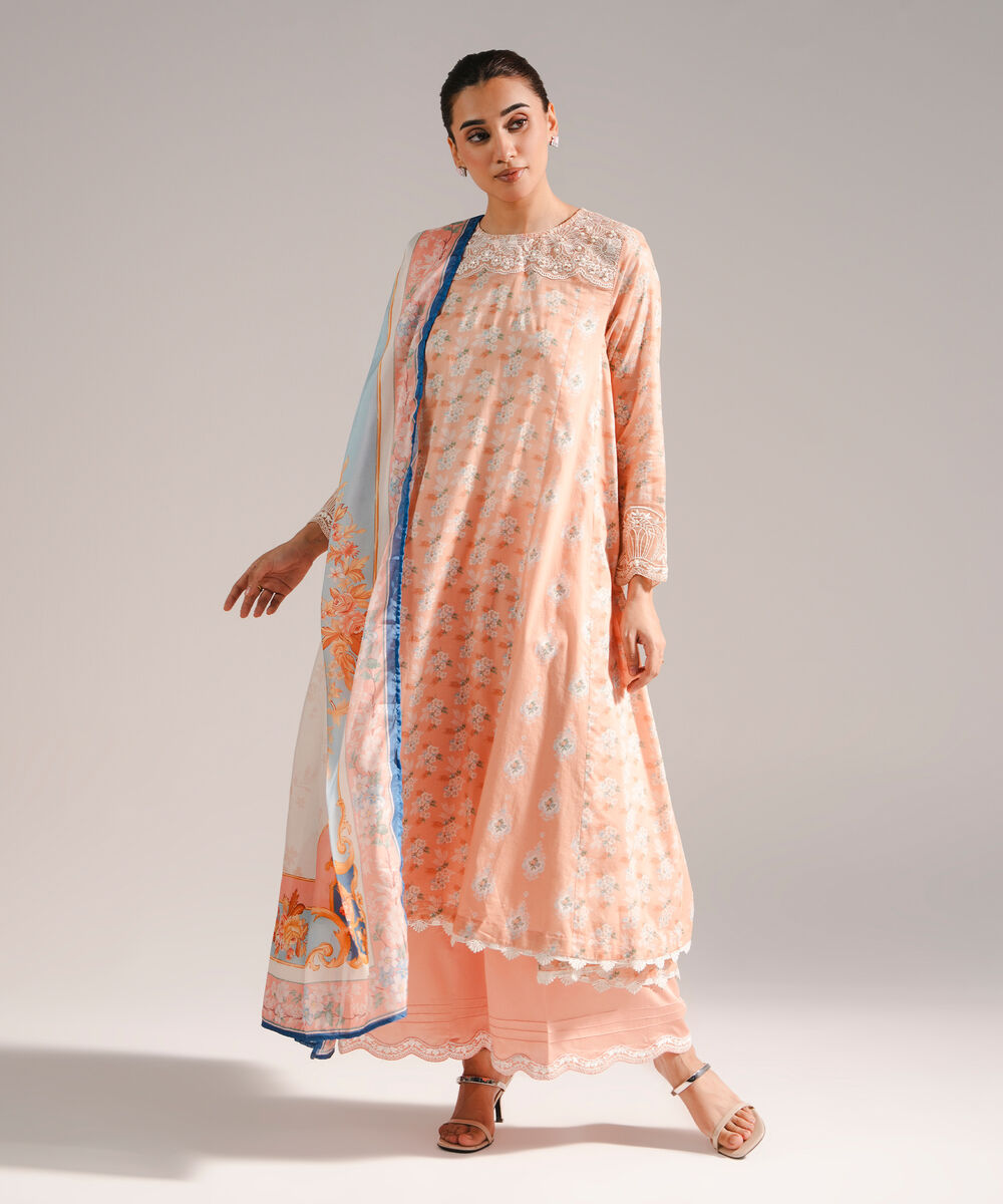 Women's RTW Cotton Satin Embroidered Peach 3 Piece Suit