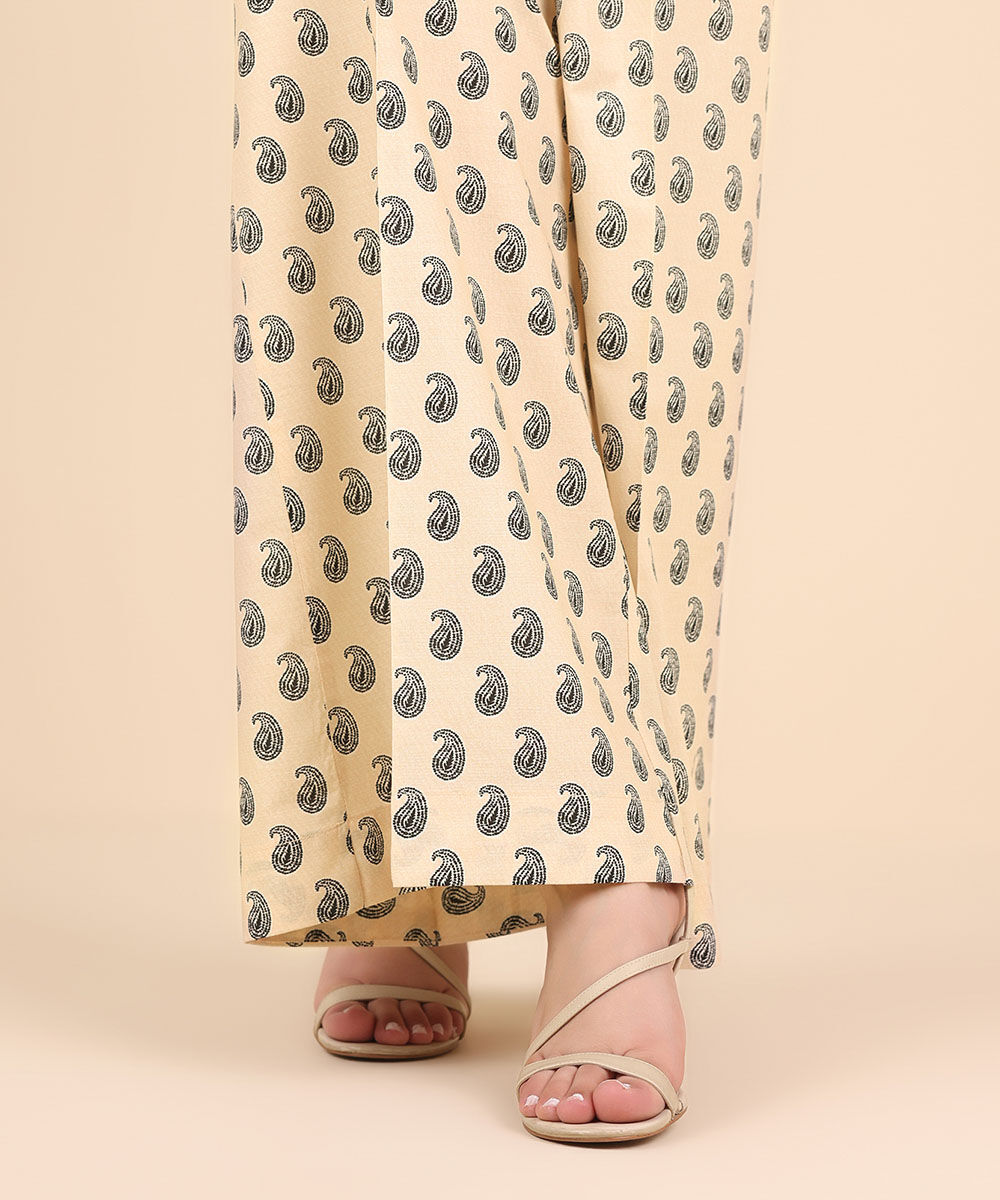 Women's Pret Cambric Beige Printed Flared Pants