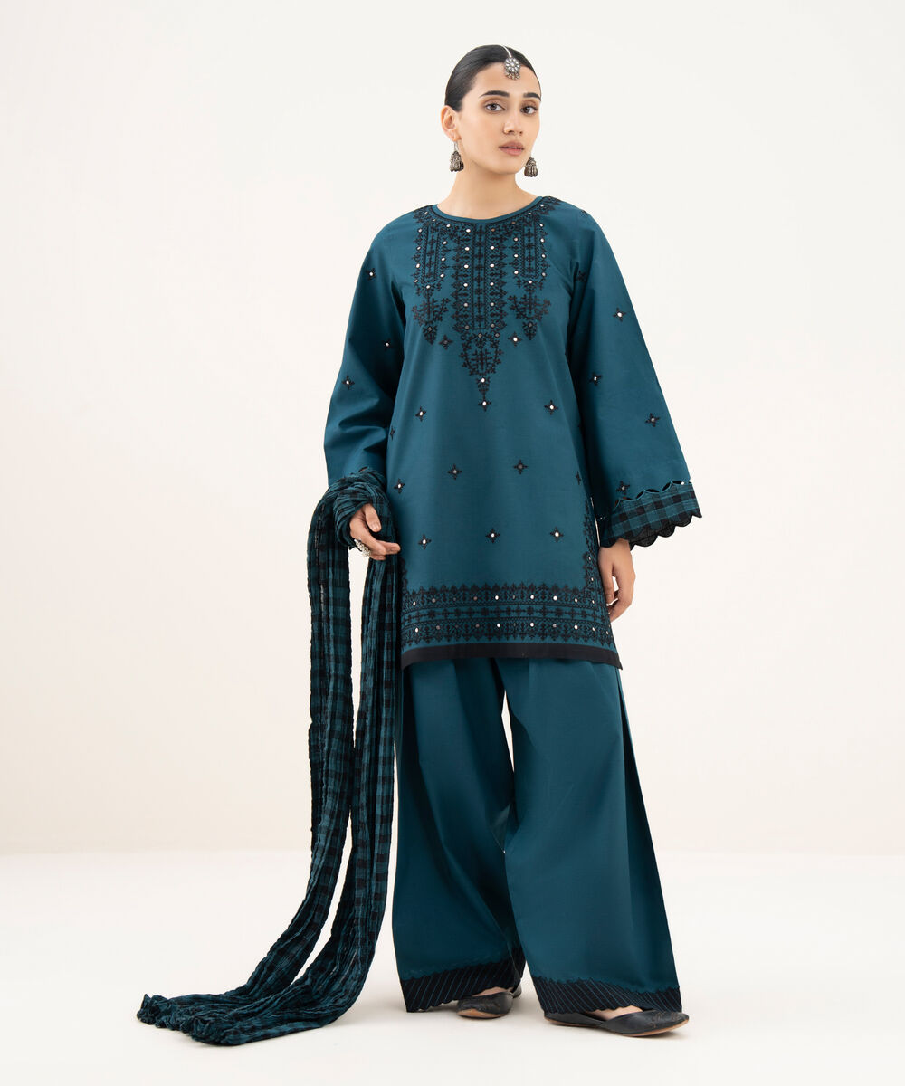 Women's Unstitched Cotton Embroidered Blue 3 Piece Suit
