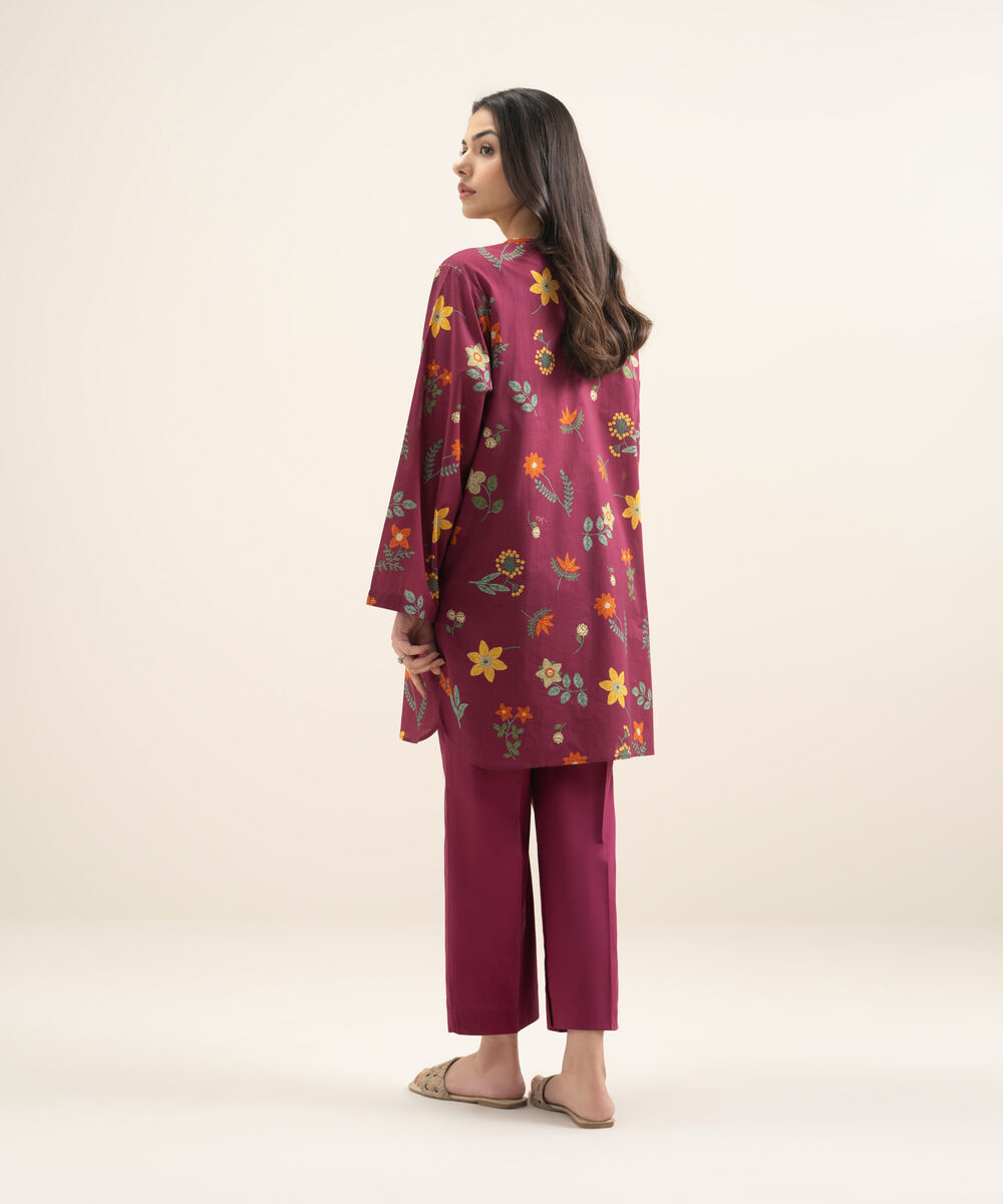 Women's RTW Slub Lawn Embroidered Purple Straight Shirt