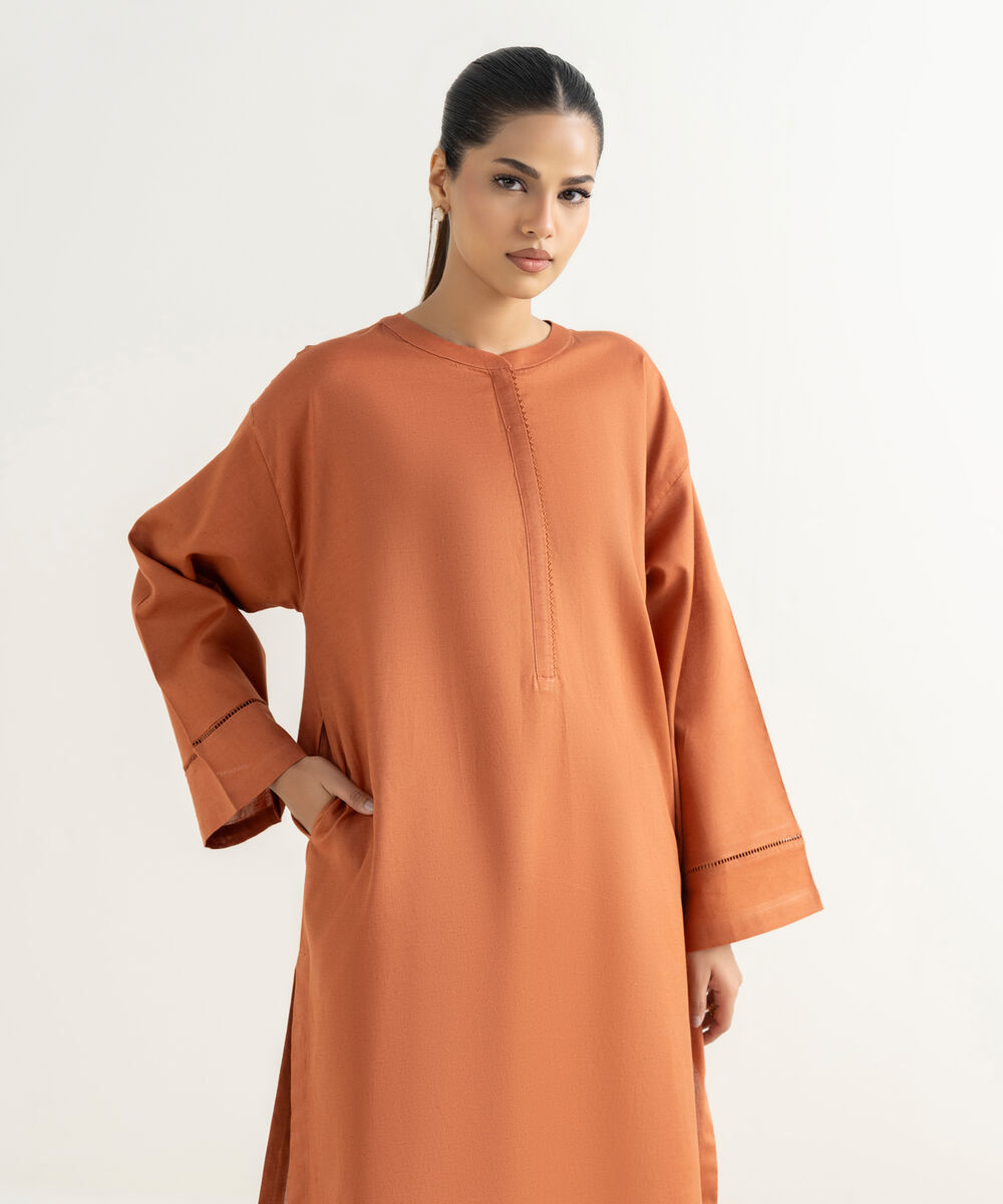 Women's RTW Cotton Linen Orange Solid Drop Shoulder Shirt