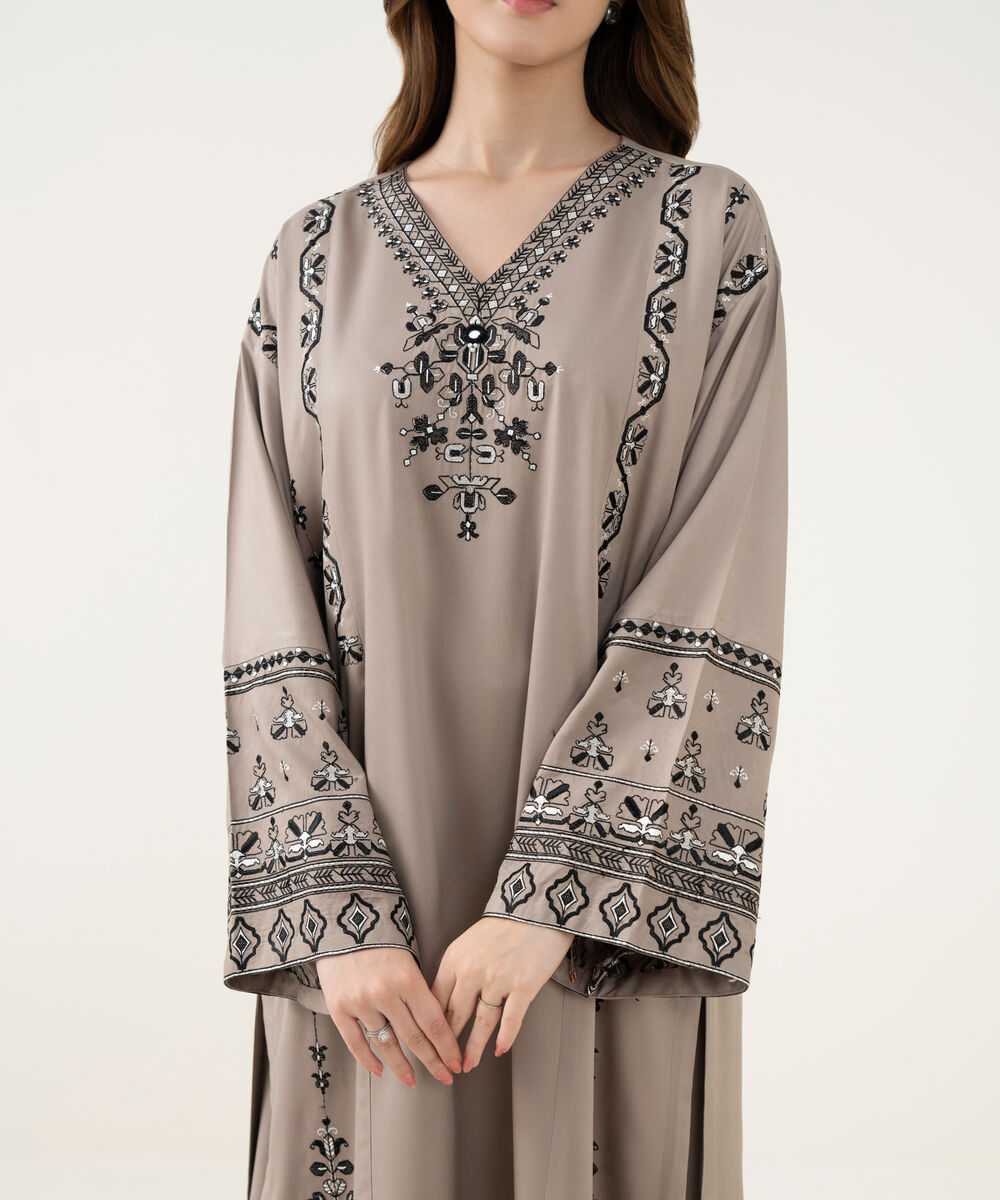 Women's RTW Viscose Marina Embroidered Straight Grey Shirt